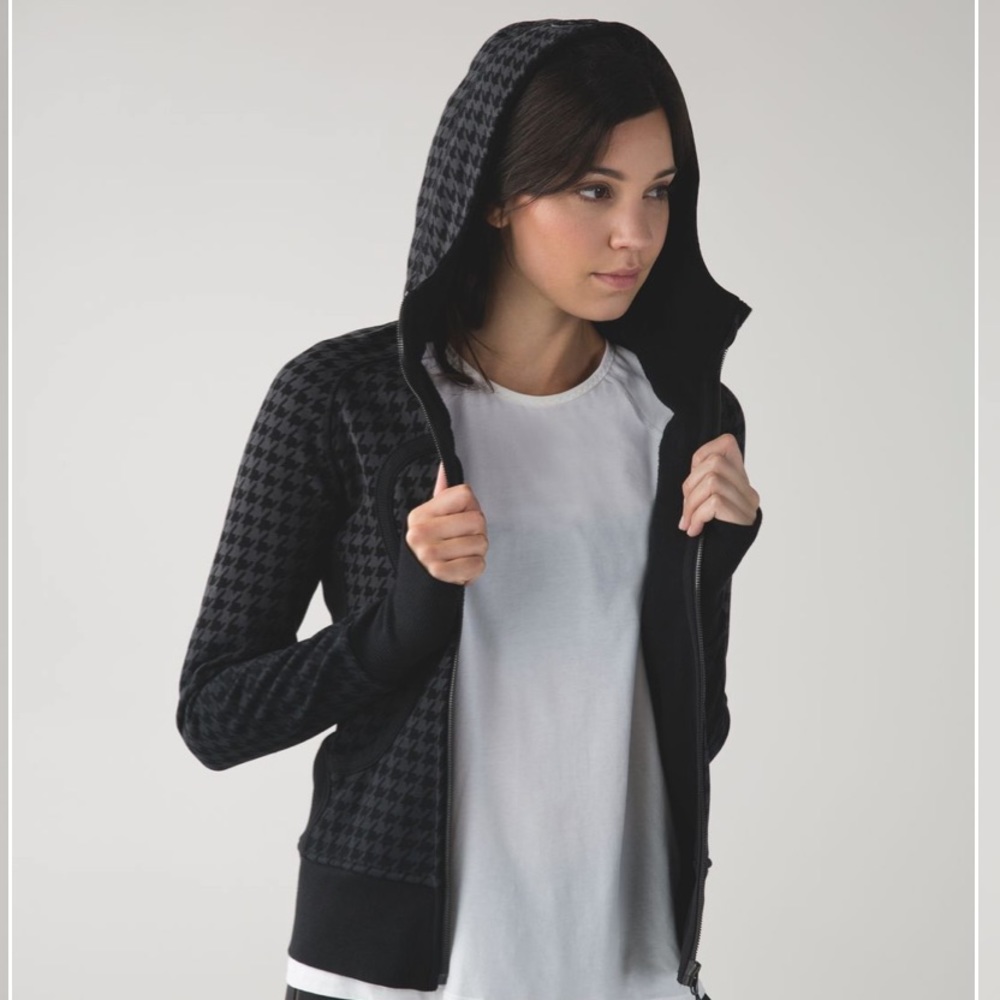 Lululemon  Scuba Black/Gray Houndstooth Hoodie Jacket Fleece Interior Size 4